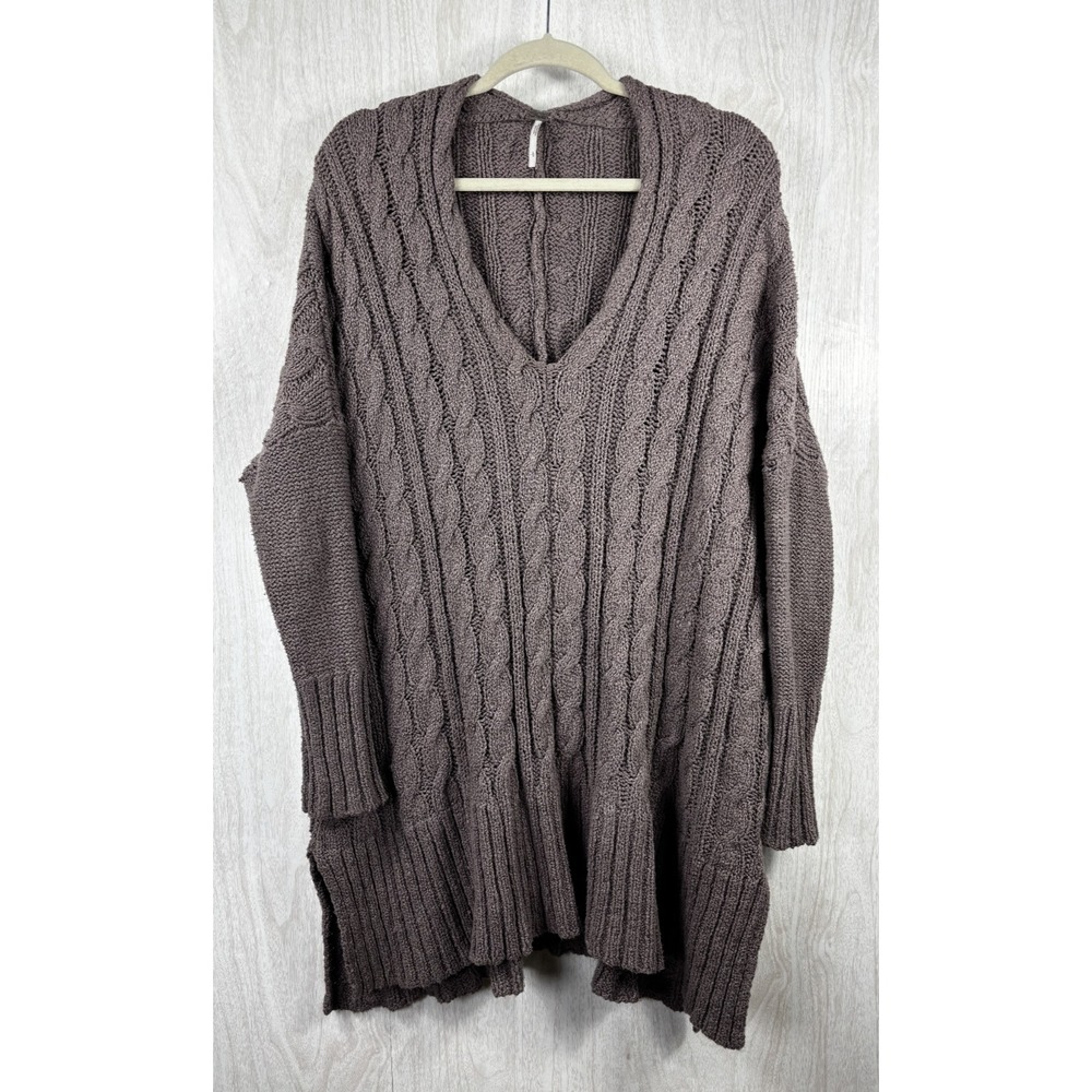 Free People Easy Cable V Neck Sweater Women's L Brown Oversized Boho Cozy Chic - Picture 2 of 5